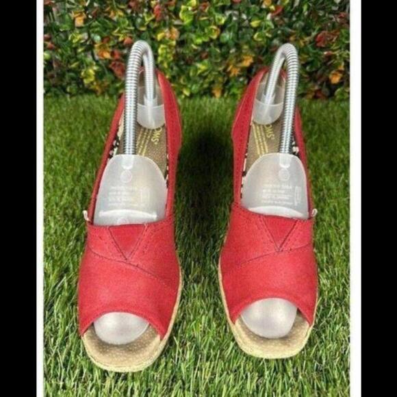 Toms Womens Wedges Size 7.5W Wide Red Classic Canvas Espadrille Slip On Peep Toe - Picture 8 of 10